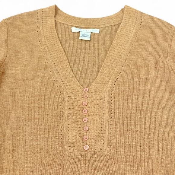 Susana Monaco Belted V-Neck Wool Sweater QuietLuxury L Camel Buttons Pointelle - Picture 5 of 12